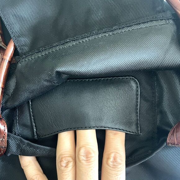 Brighton Silver Heart Brown Leather Handles Black Nylon Long Tote Bag - Picture 6 of 16